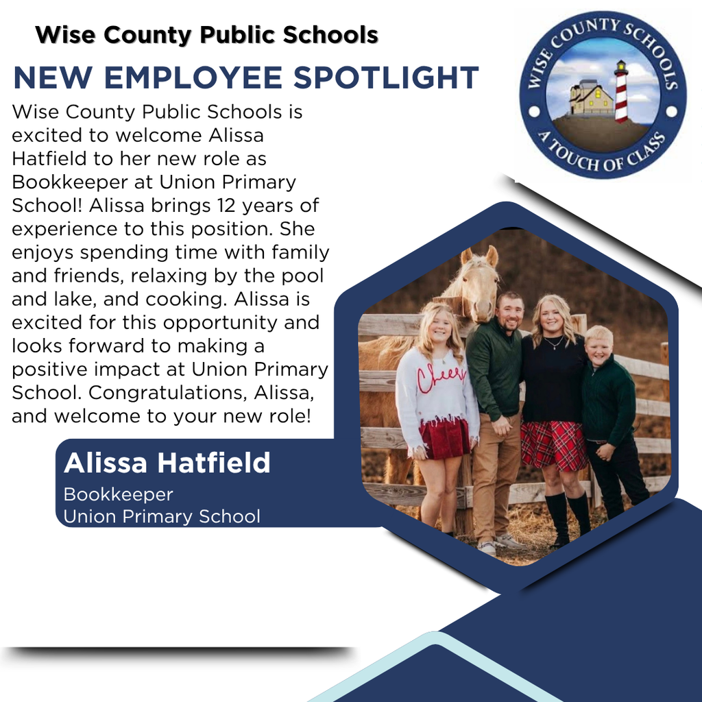A poster with "Wise County Public Schools" and "NEW EMPLOYEE SPOTLIGHT" features a family with a horse. Alissa Hatfield, a bookkeeper, is highlighted.