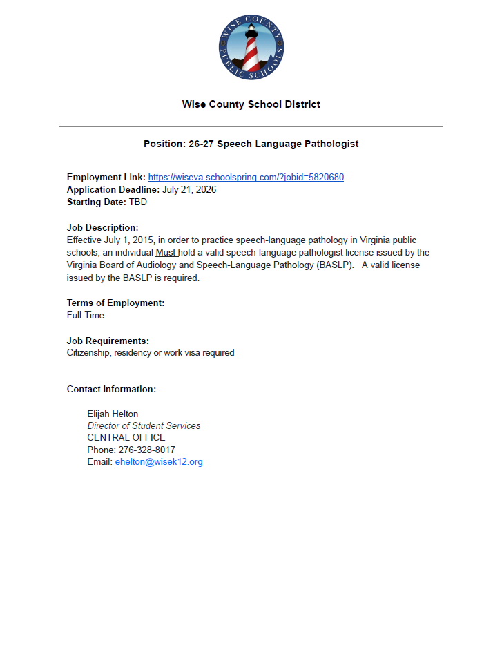 A job posting for a speech-language pathologist. The heading reads "Wise County School District." Below, job details are outlined.