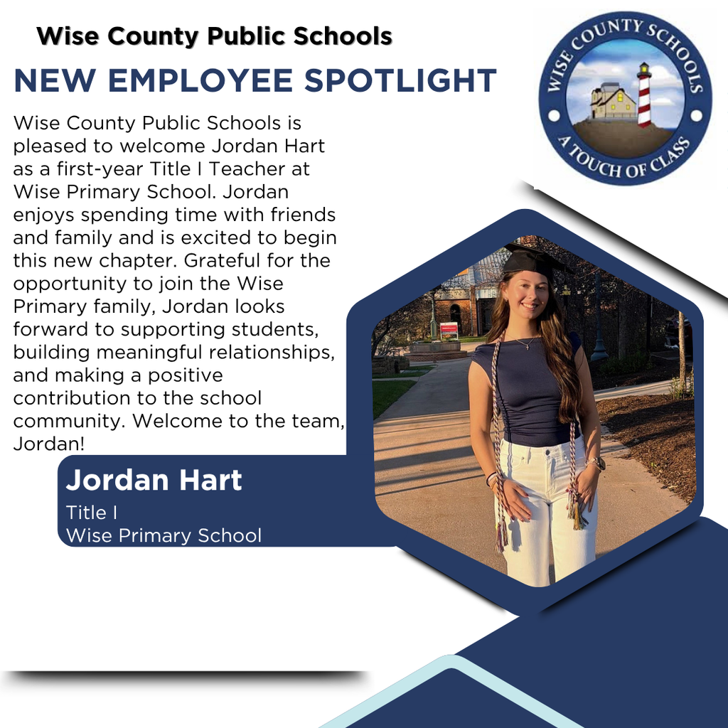 A woman stands on a sidewalk in a white outfit. Text highlights her as a new employee for Wise County Public Schools.