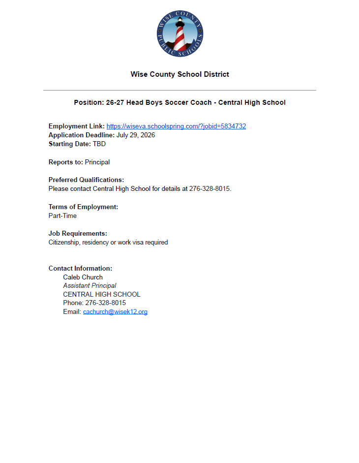 Document titled "Wise County School District" shows job posting for a soccer coach at Central High School. It lists preferred qualifications, terms of employment, and job requirements. Contact info includes Caleb Church, Central High School.