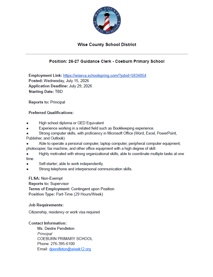 A job posting features an organization's logo, title, job position, date posted, and application details. It lists preferred qualifications, job requirements, and contact information.