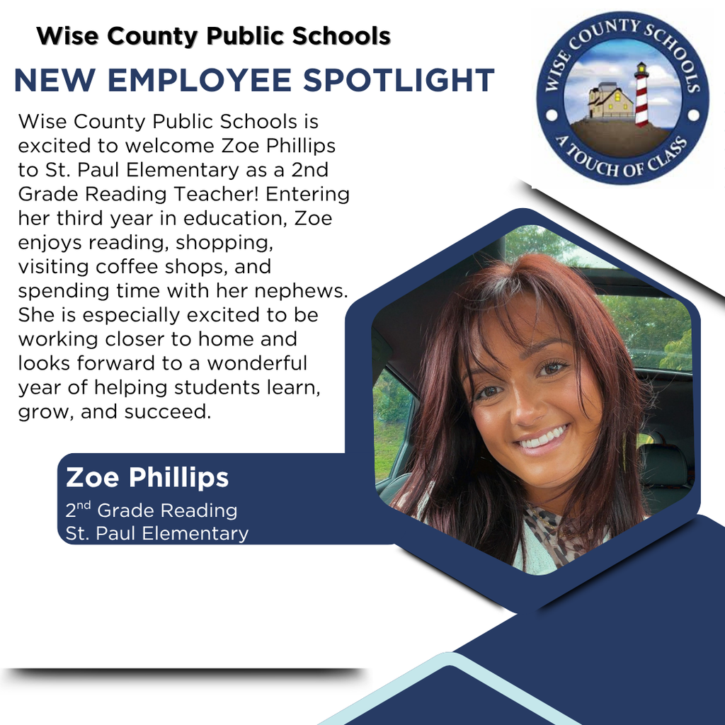 Bright blue background with a lighthouse logo. A smiling woman, Zoe Phillips, is in a hexagon shape. Text reads: "Wise County Public Schools: New Employee Spotlight."