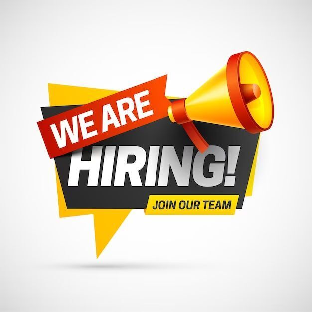 A sign with a megaphone on top reads, "We are hiring!" Below it is an invitation to join the team.