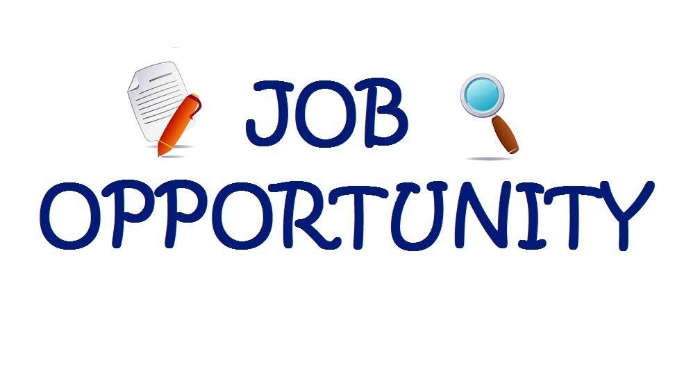 Blue text reads "JOB OPPORTUNITY" over a magnifying glass, a paper, and a pen.