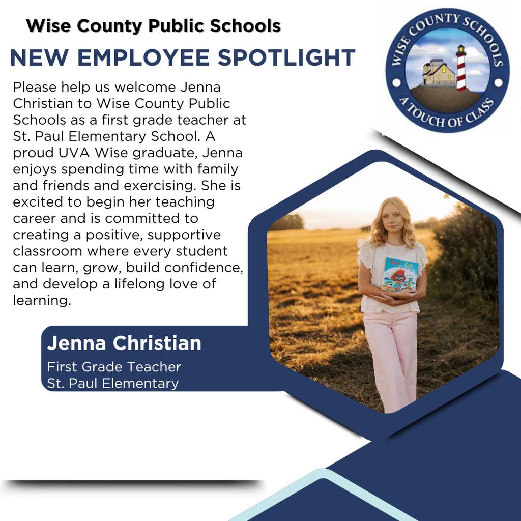 Blue and white graphic with a photo of a woman in pink holding a book. Text reads "New Employee Spotlight: Jenna Christian, First Grade Teacher".