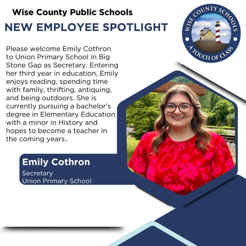 Presentation introduces Emily Cothron as new Secretary at Union Primary School. Emily smiles in a floral dress.