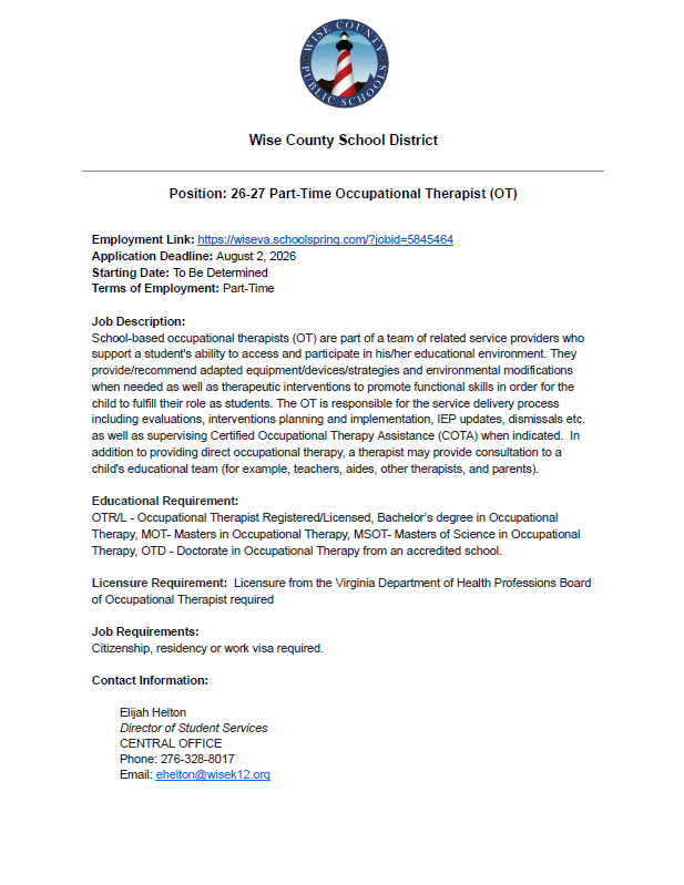 Job posting for 26-27 Part-Time Occupational Therapist with the Wise County School District. Details include job description, requirements, and contact information.