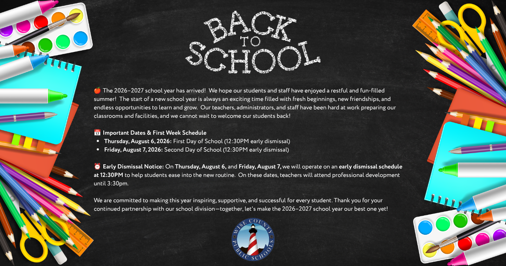 A blackboard displays "Back to School" with school supplies. Text provides details on the 2019-2020 school year.
