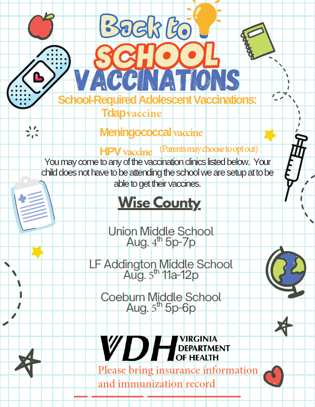 A flyer for back-to-school vaccinations features dates, times, and locations for three schools. It includes icons for a syringe, bandage, and globe.