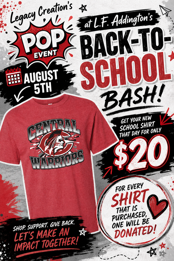 An advertisement with a red shirt, Central Warriors logo, price of $20, and text about a pop event.