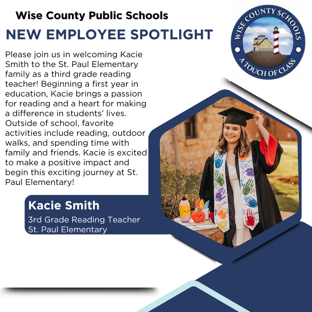 A blue hexagon displays an employee profile. Woman in graduation cap and gown holding her cap.