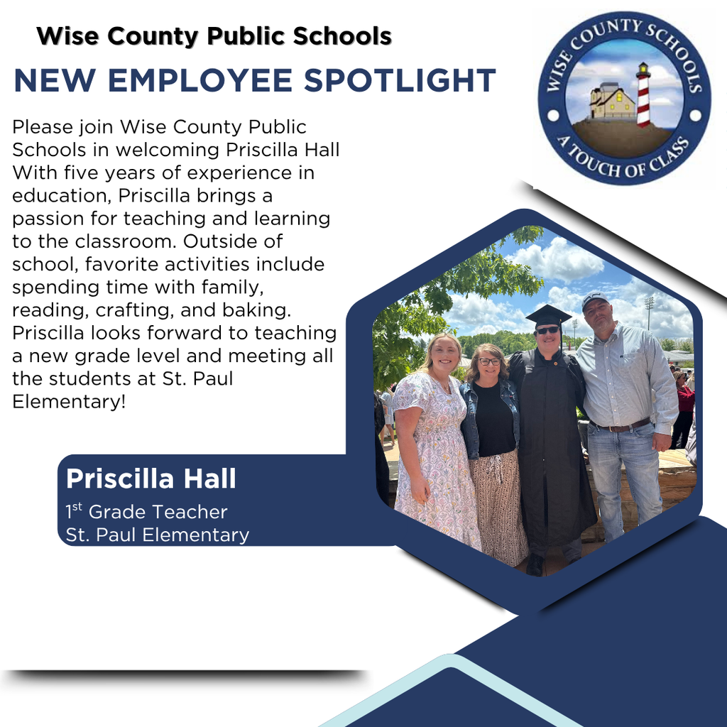 An employee spotlight for Priscilla Hall, a 1st grade teacher at St. Paul Elementary, with a group photo in the background.