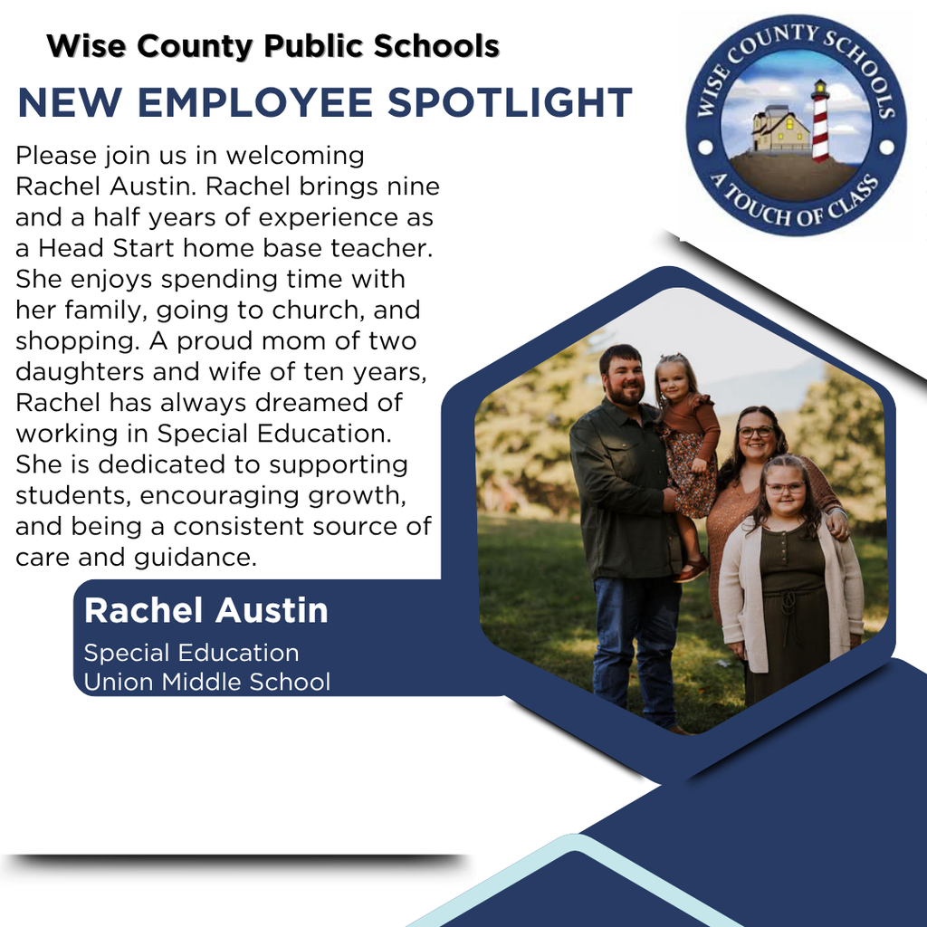 Poster with blue and white text introduces Rachel Austin as a new special education teacher. The poster shows Rachel, a man, and a child.