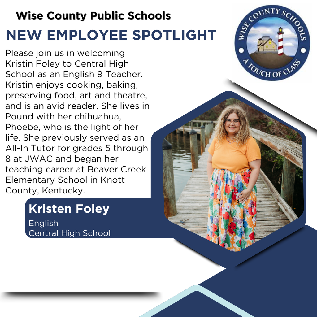 An employee spotlight of Kristin Foley, an English teacher, includes her photo and a description of her background.