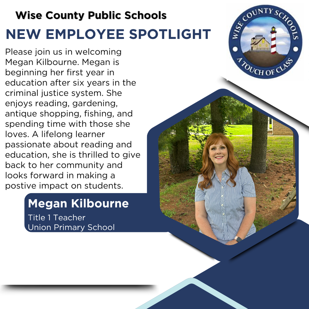 A spotlight on Megan Kilbourne, a new employee at Union Primary School, features a photo of her in a wooded area.