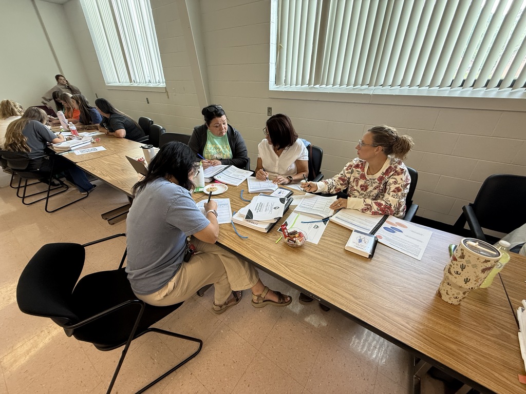 Multiple people seated at tables in a room, reviewing papers. Bright sunlight filters through blinds on windows.