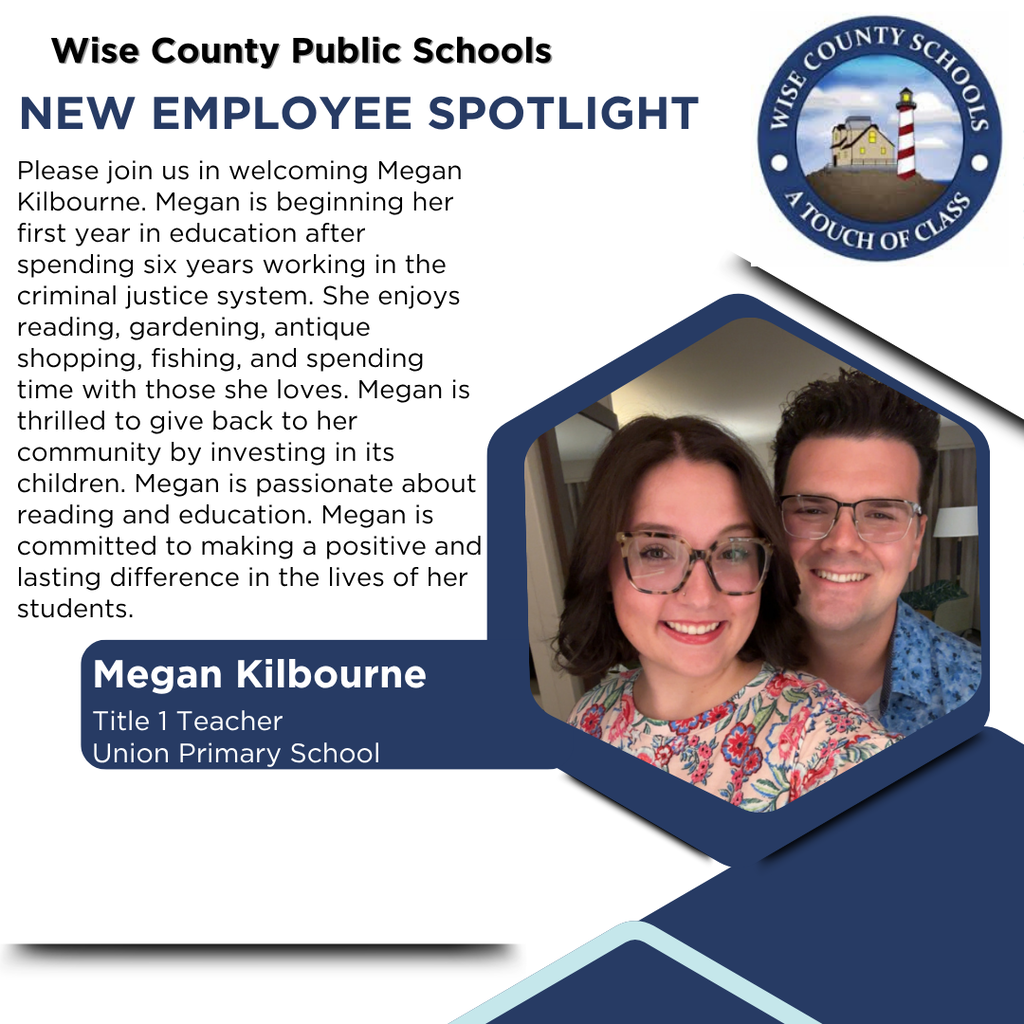 Poster for new employee Megan Kilbourne, a teacher, with a picture of her and her spouse.