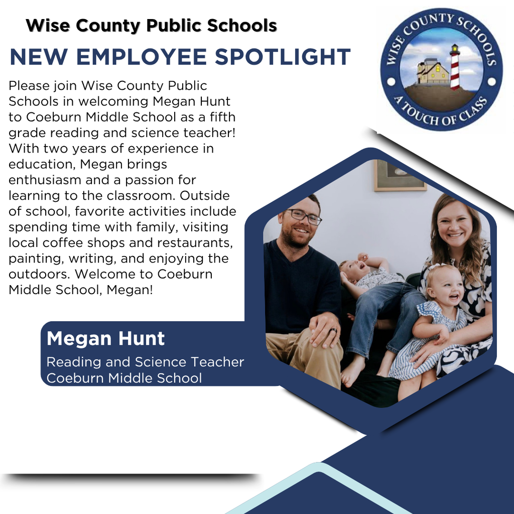 Blue background with a spotlight on Megan Hunt, a new employee, featuring a photo of her with her family.