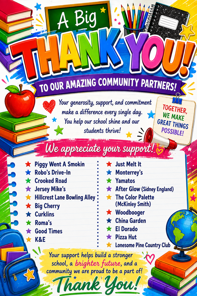 An educational poster with colorful text and visuals. It includes a list of community partners, books, a globe, and other school items.