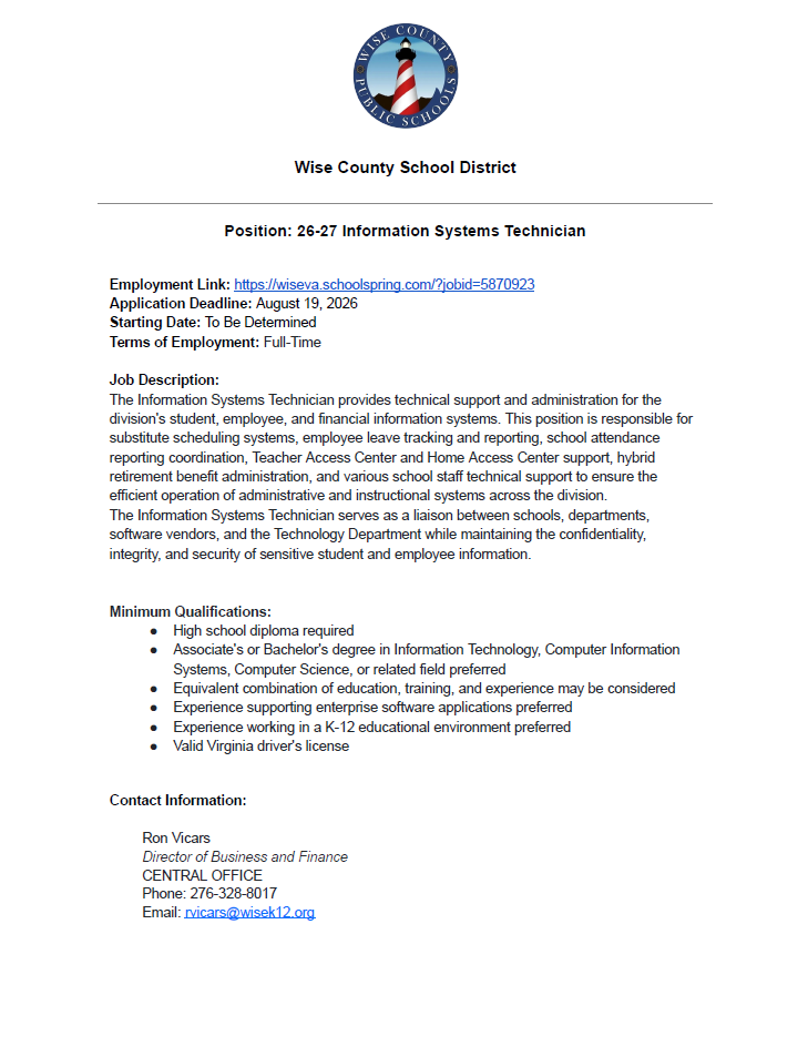 A job posting document for a full-time Information Systems Technician at Wise County School District. Position details and application link included.