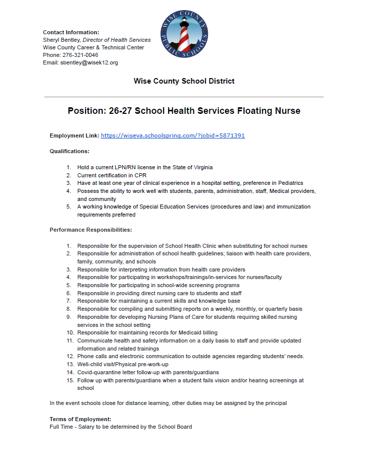 A document titled "Wise County School District" includes job posting details for a 26-27 School Health Services Floating Nurse. It lists qualifications and performance responsibilities.