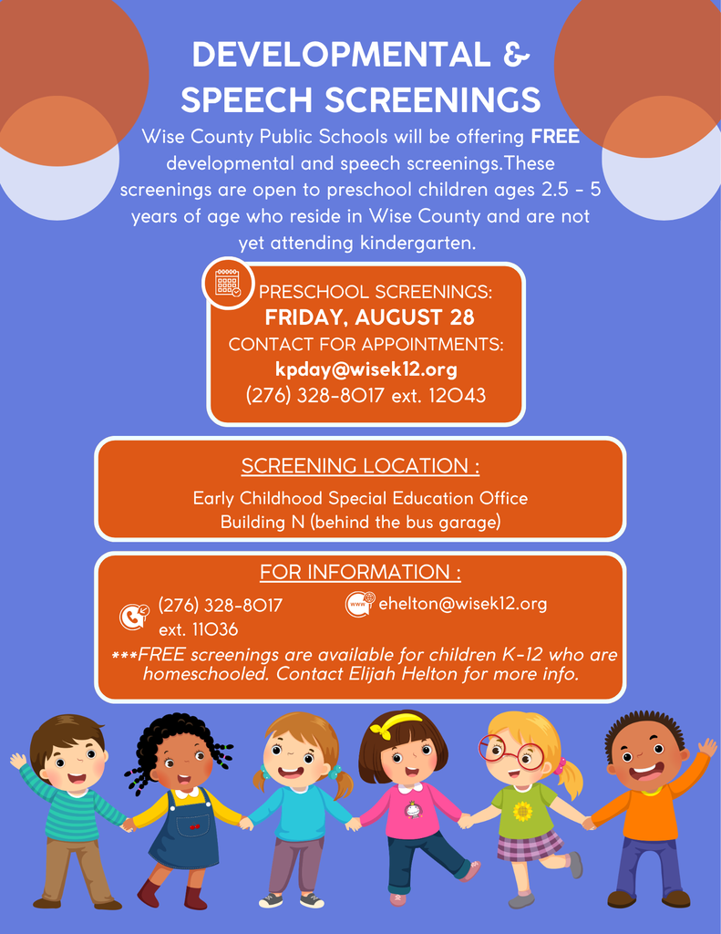 Blue background with white text. Children in various outfits holding hands. A flyer reads "Developmental & Speech Screenings" with details about the event.