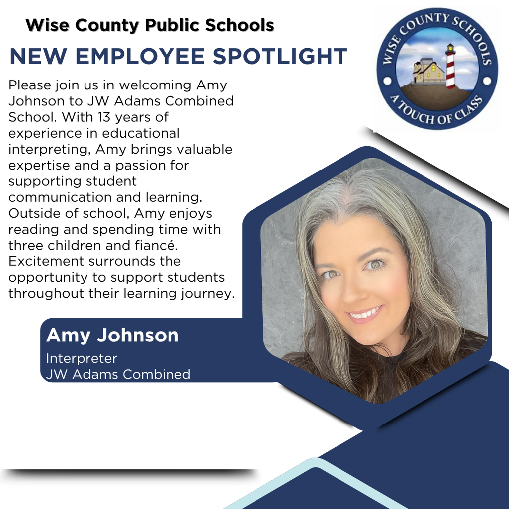 Graphic features an employee spotlight for Amy Johnson, an interpreter. Includes her smiling photo, role, and years of experience.