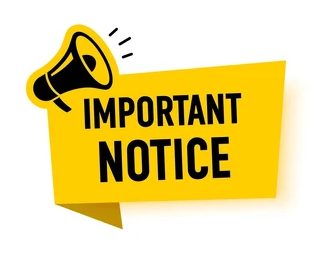 Yellow banner with black text "IMPORTANT NOTICE" and a megaphone icon, on a white background.