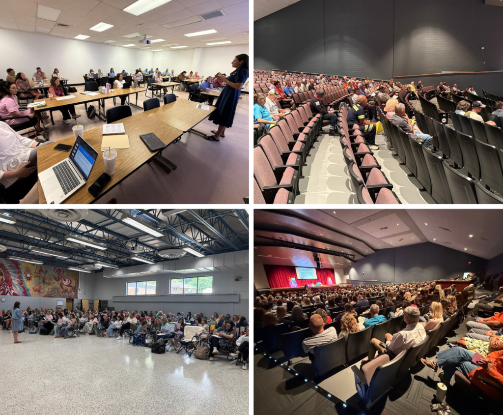 Four images of a group of people sitting and standing in large rooms with tables, chairs, and a stage.