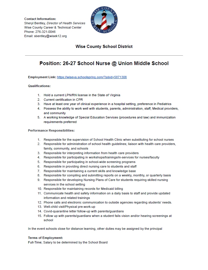 Document titled "Wise County School District" lists job requirements for a school nurse, including qualifications and responsibilities.