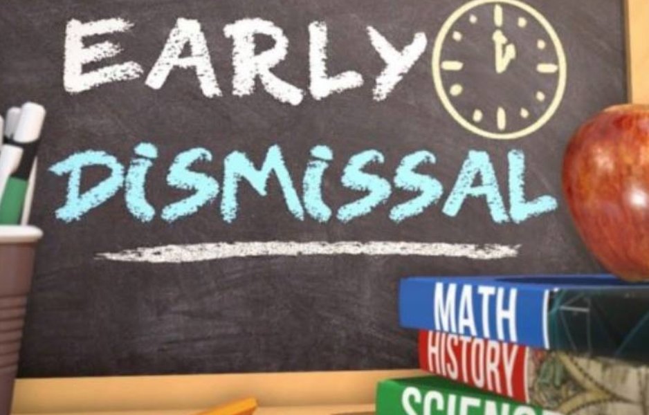 A blackboard displays "Early Dismissal" in blue letters with a clock showing 1:50 and an apple.