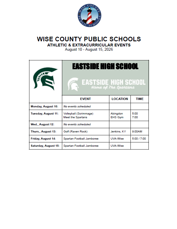 A sports event schedule from Wise County Public Schools. It shows Eastside High School sports events for August 10-15, 2025.