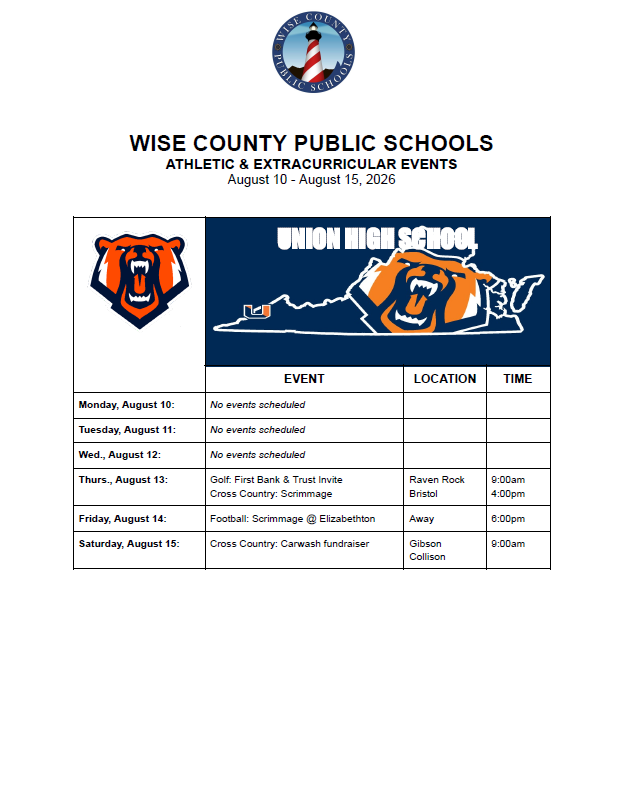 A schedule from August 10 to August 15, 2026, for Union High School in Wise County. It includes athletic and extracurricular events.