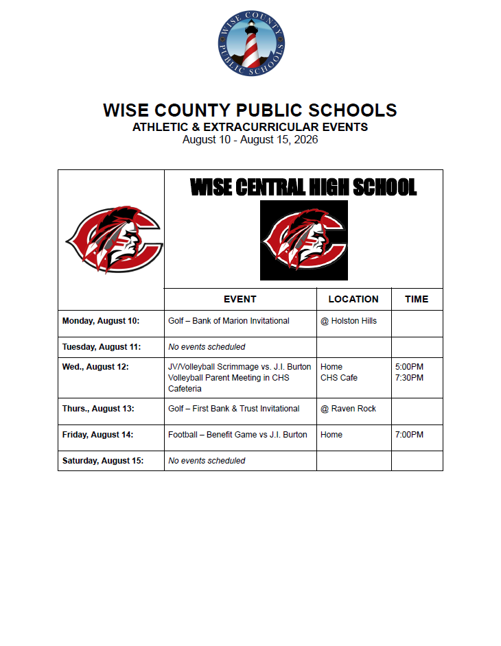 Document from Wise County Public Schools. It lists athletic and extracurricular events from August 10 to August 15, 2020.