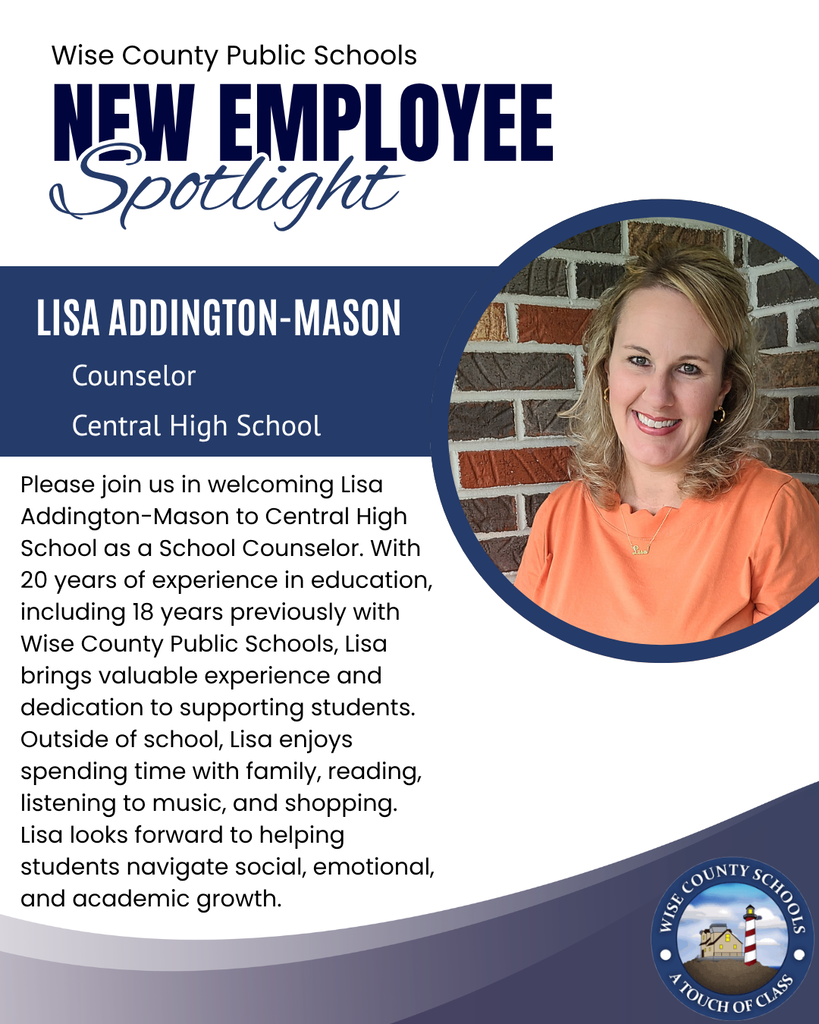 A smiling woman with blonde hair, in an orange shirt, is featured on a new employee spotlight for Wise County Public Schools.