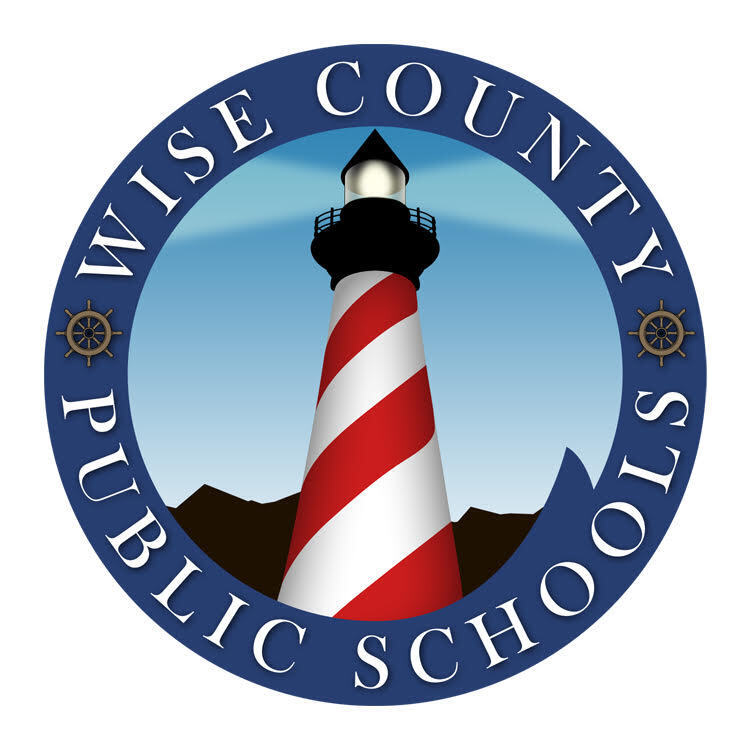 Circular logo featuring a lighthouse with a red and white striped tower against a blue sky, with the words "Wise County Public Schools" encircling it.