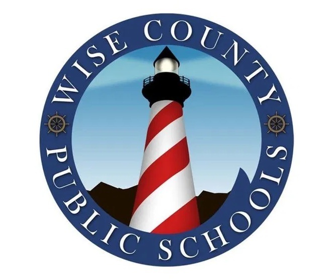 Logo for Wise County Public Schools with a lighthouse in red and white stripes. The lighthouse is between two mountains.