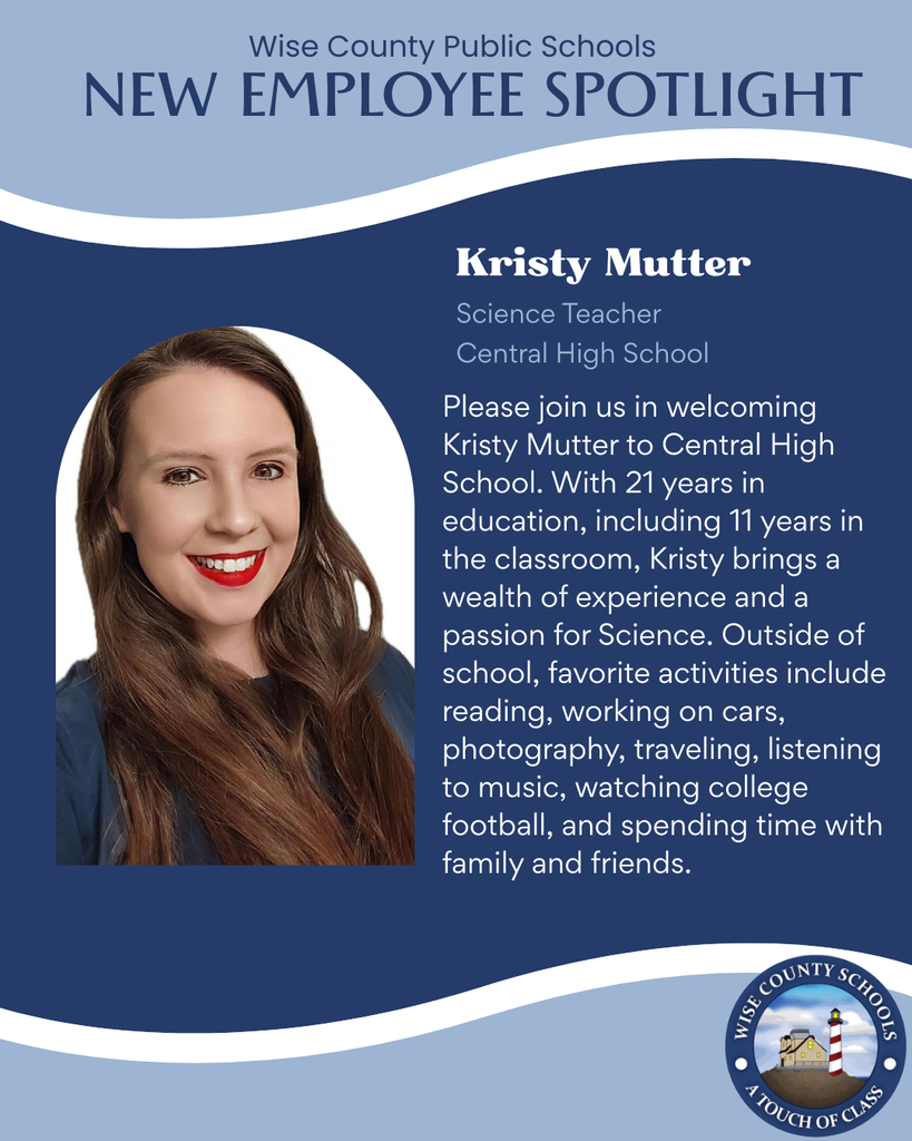 A blue and white graphic announces the spotlight on a new employee, Kristy Mutter, a science teacher at Central High School.