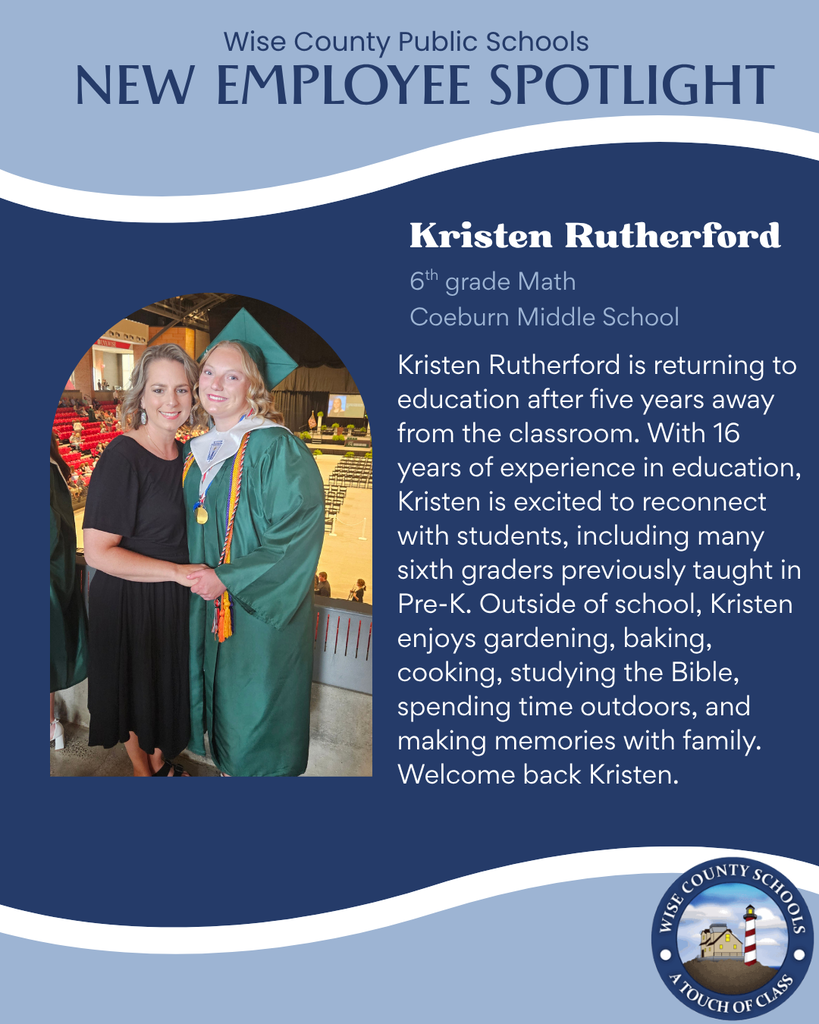 A blue-themed flyer highlights Kristen Rutherford's return to teaching after five years. She teaches 6th-grade math at Coeburn Middle School.