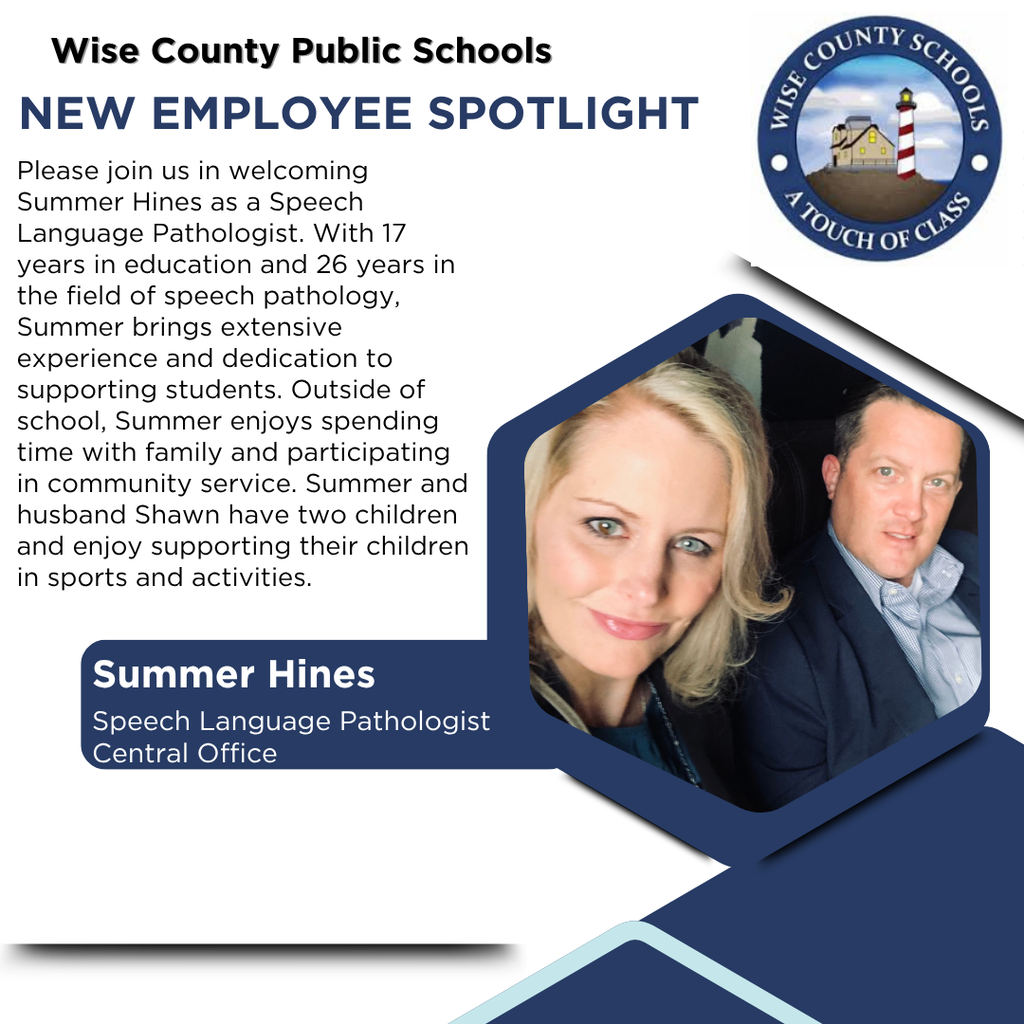 A poster introduces Summer Hines, a Speech Language Pathologist, with a photo of her and her husband.