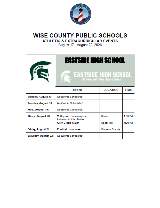 Event schedule for Eastside High School from August 17 to August 22, 2025. Includes dates, event names, locations, and times.
