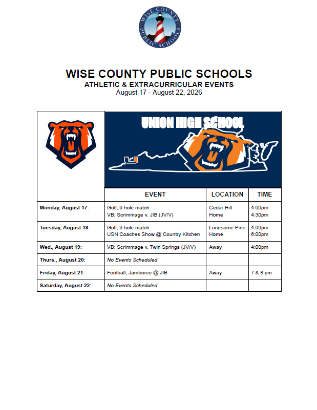 An event schedule for Wise County Public Schools lists Union High School's athletic and extracurricular events from August 17 to August 22, 2025.