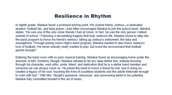 A text block titled "Resilience in Rhythm" features a narrative about a person named Malaka's journey and challenges.