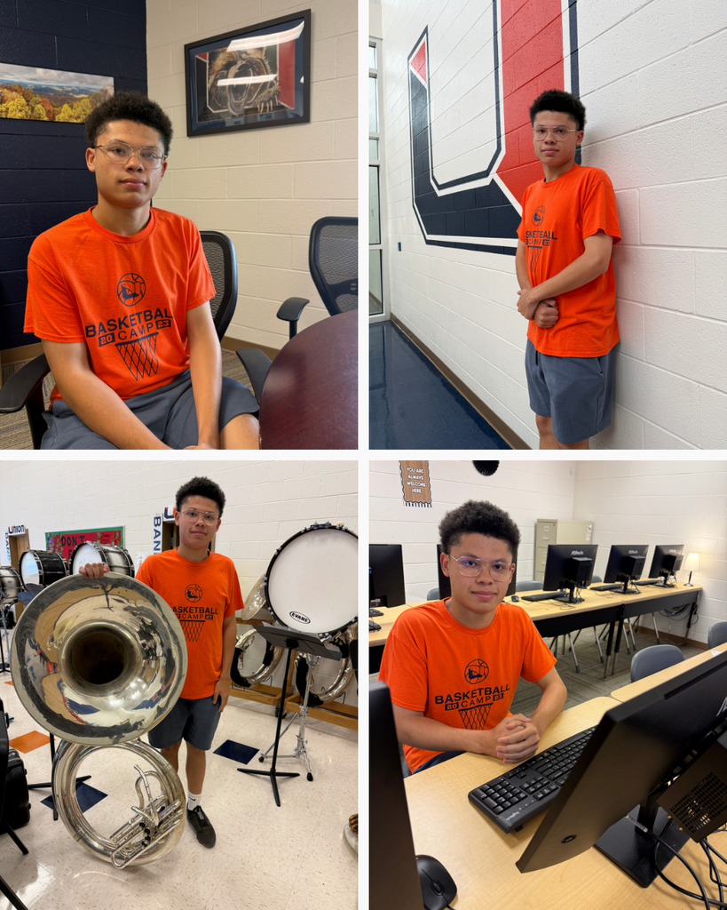 Four photos of a young man in orange shirts. He sits in a chair, poses by a wall, holds a tuba, and works at a computer.