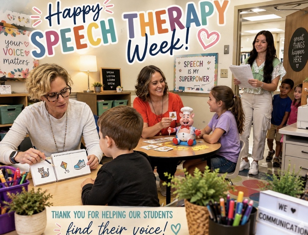 A classroom with children and two women, one holding a toy and a paper. Text reads "Happy Speech Therapy Week!"