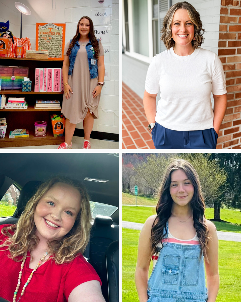 Four women in different photos. One stands in a classroom, another in front of a brick wall, one smiles in a car, and one poses in a grassy area.