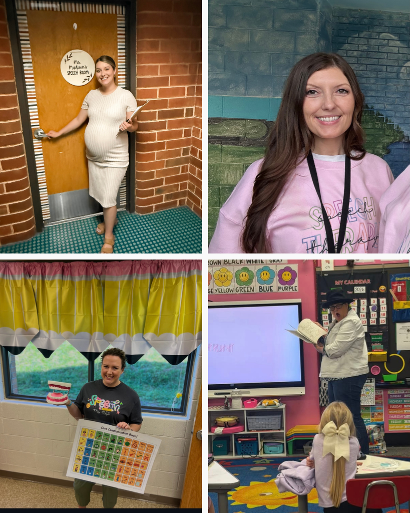 Four photos of smiling teachers in various classroom settings. One woman holds a door handle, another reads a book, and a third holds a classroom chart.