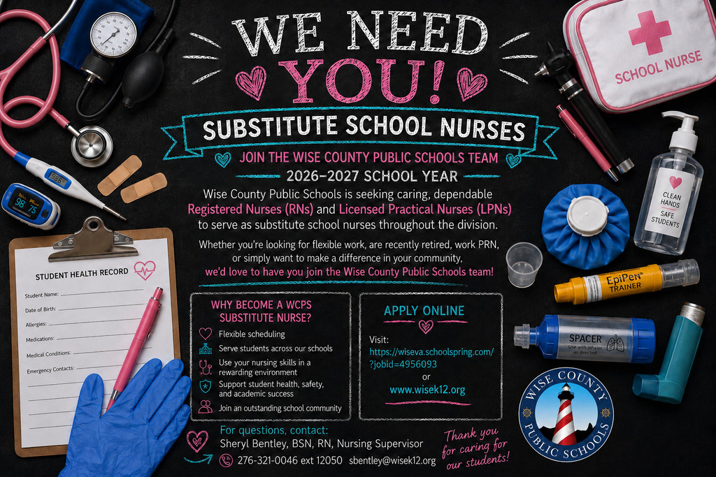 An invitation to join the school nurse team features medical items and text. Background includes a chalkboard.