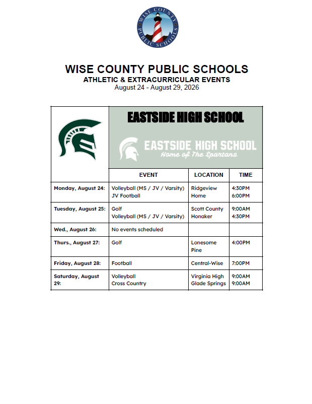 Schedule shows athletic and extracurricular events for Eastside High School in Wise County from August 24 to August 29, 2025.