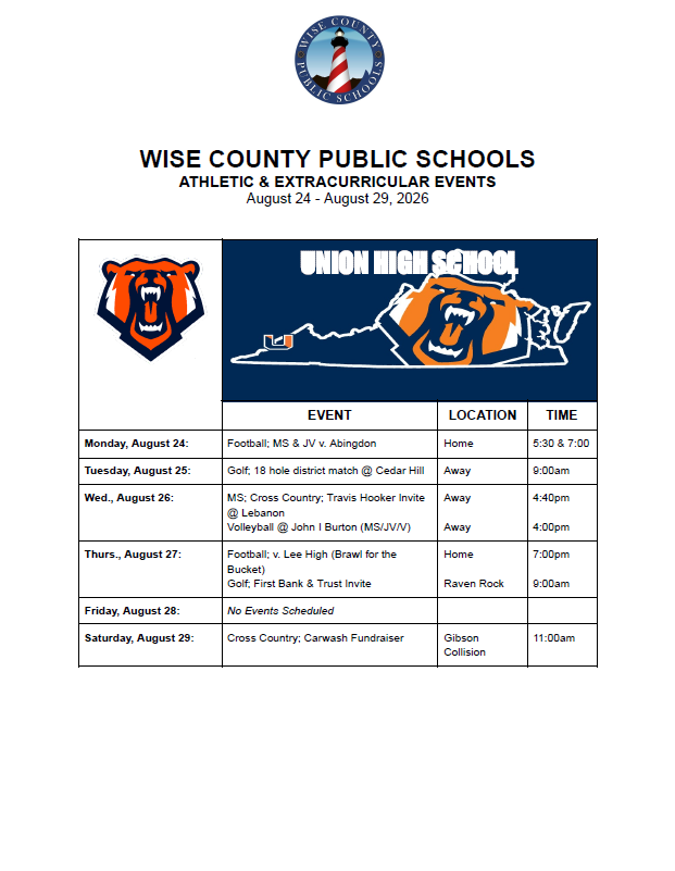 Document displays a Wise County Public Schools athletic schedule from August 24 to August 29, 2016, featuring events like football matches, volleyball, and fundraisers.